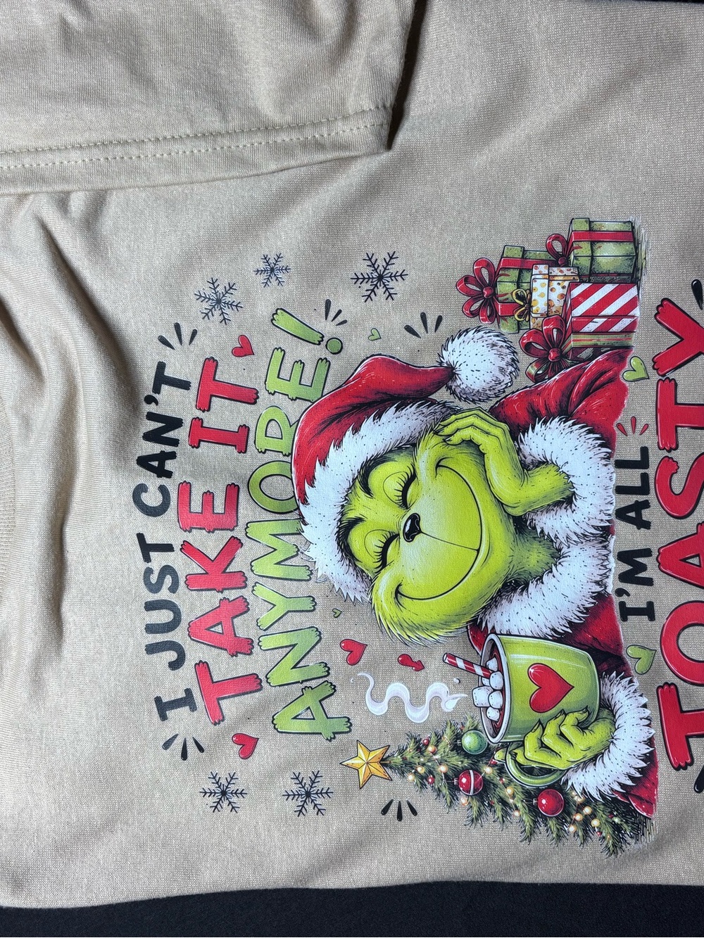 Gildan Beige Holiday Grinch Graphic Tee with Red & Green Accents NEW , DTF PRINT